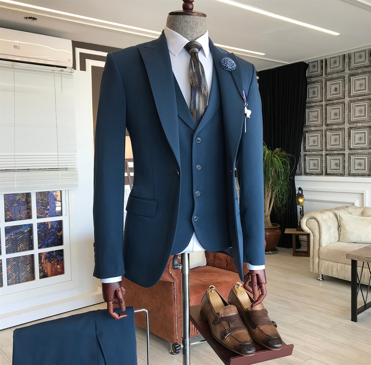 İtalyan stil slim ceket yelek pantolon takım elbise petrol T6125 · 9
