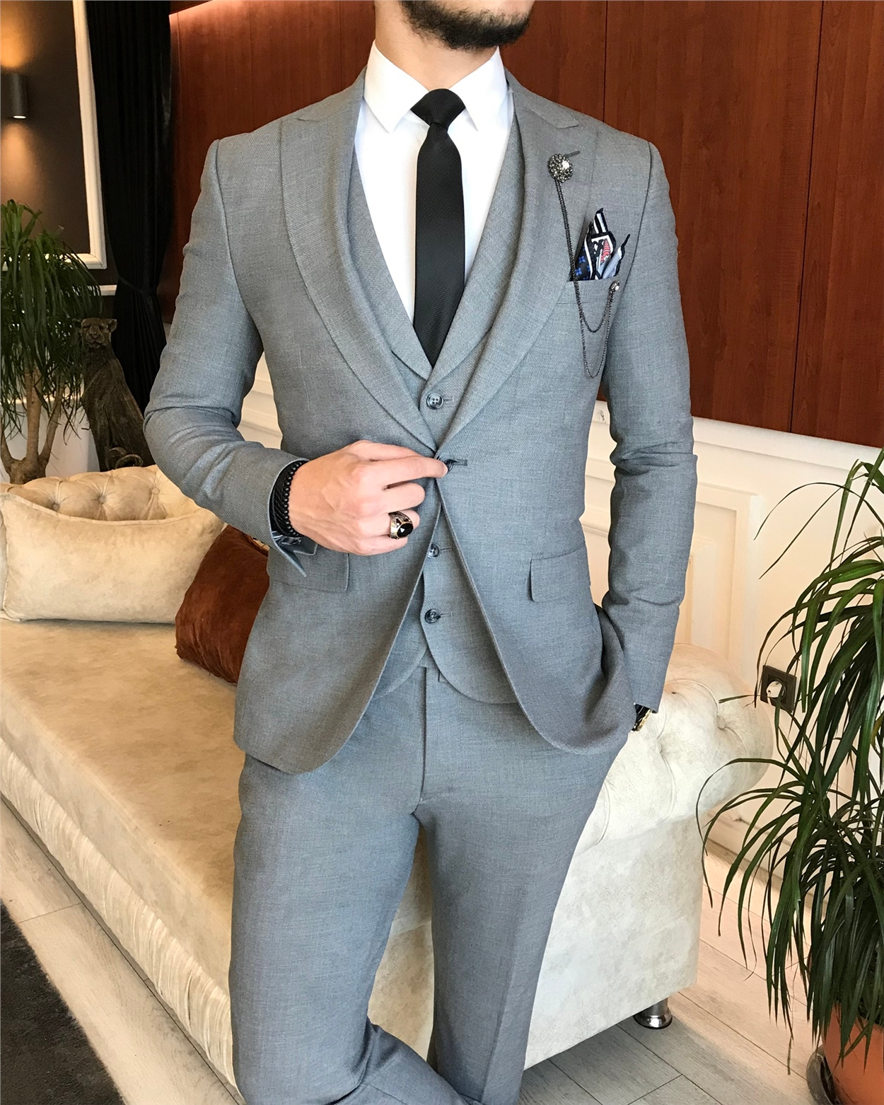 İtalyan stil slim ceket yelek pantolon takım elbise antrasit T6140 · 8