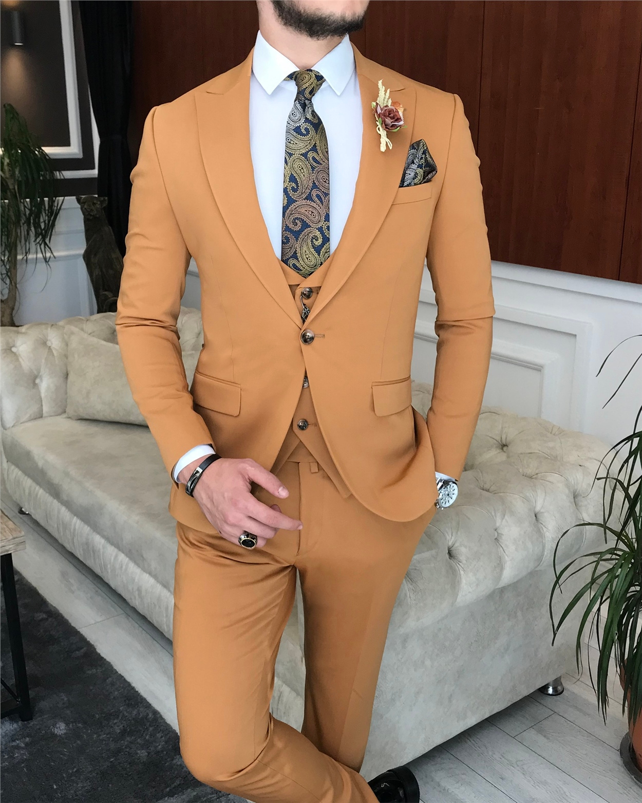 İtalyan stil slim ceket yelek pantolon takım elbise camel T6118 · 7
