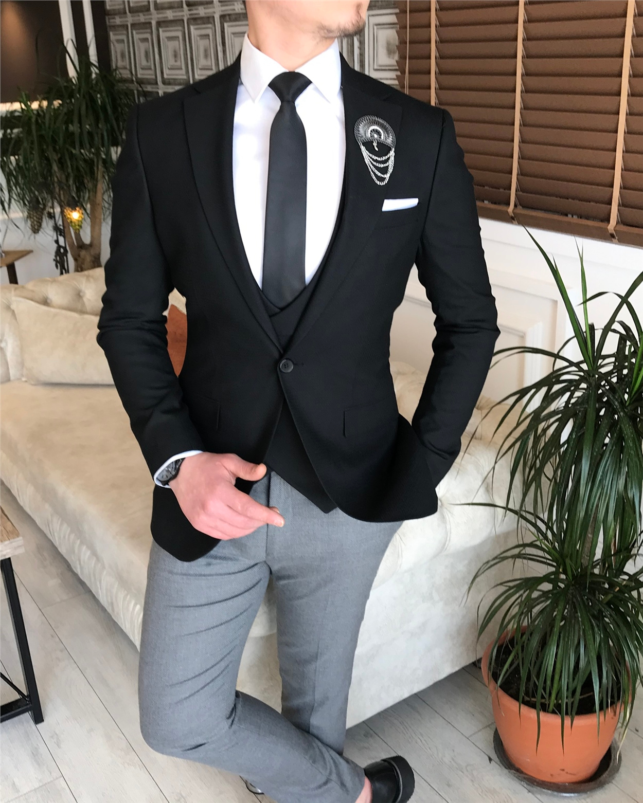 İtalyan stil slim ceket yelek pantolon kombin Siyah T4522 · 8
