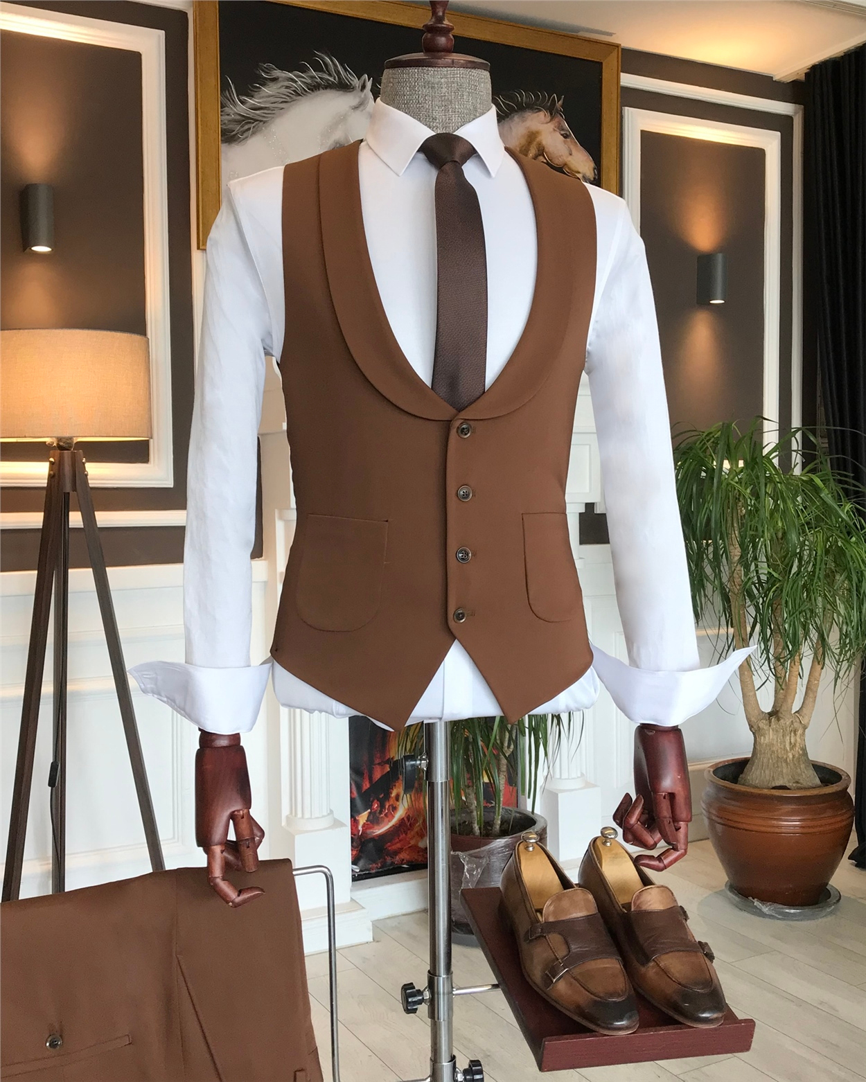İtalyan stil slim ceket yelek pantolon takım elbise kahverengi T6119 · 5