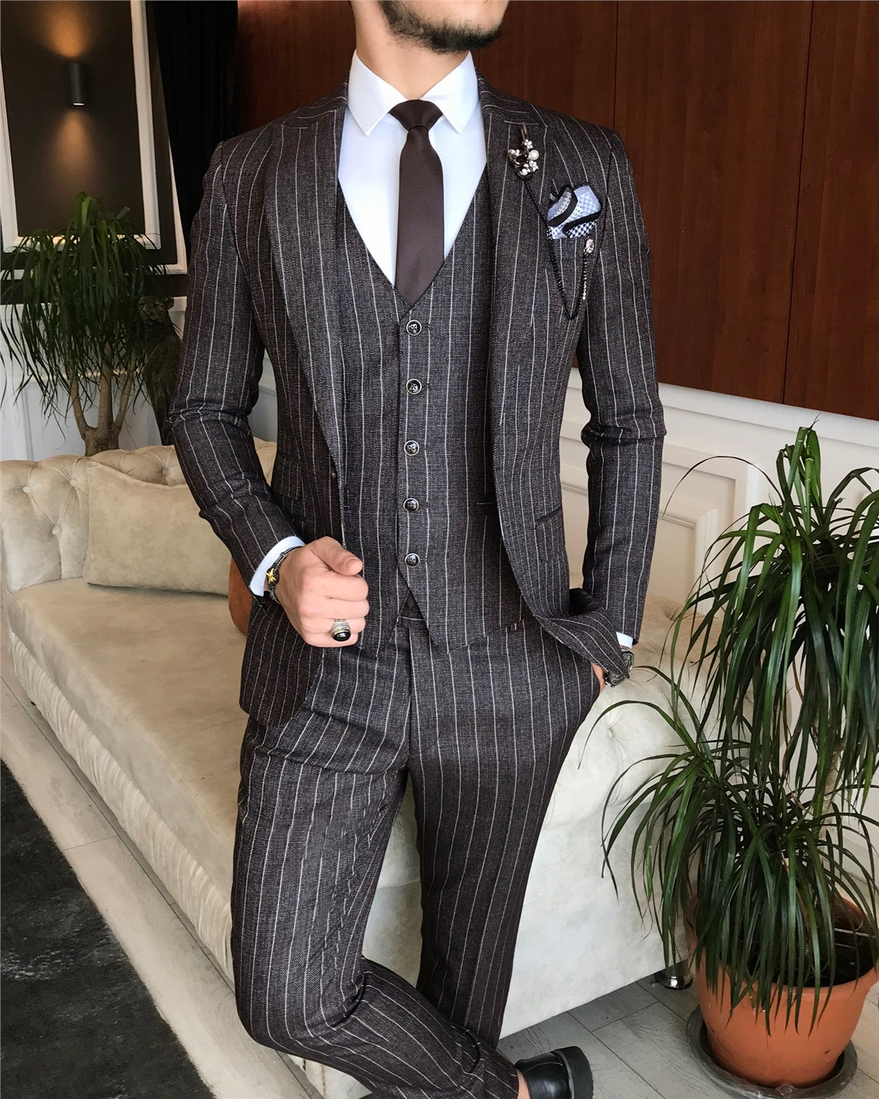İtalyan stil slim ceket yelek pantolon takım elbise kahverengi T6232 · 5
