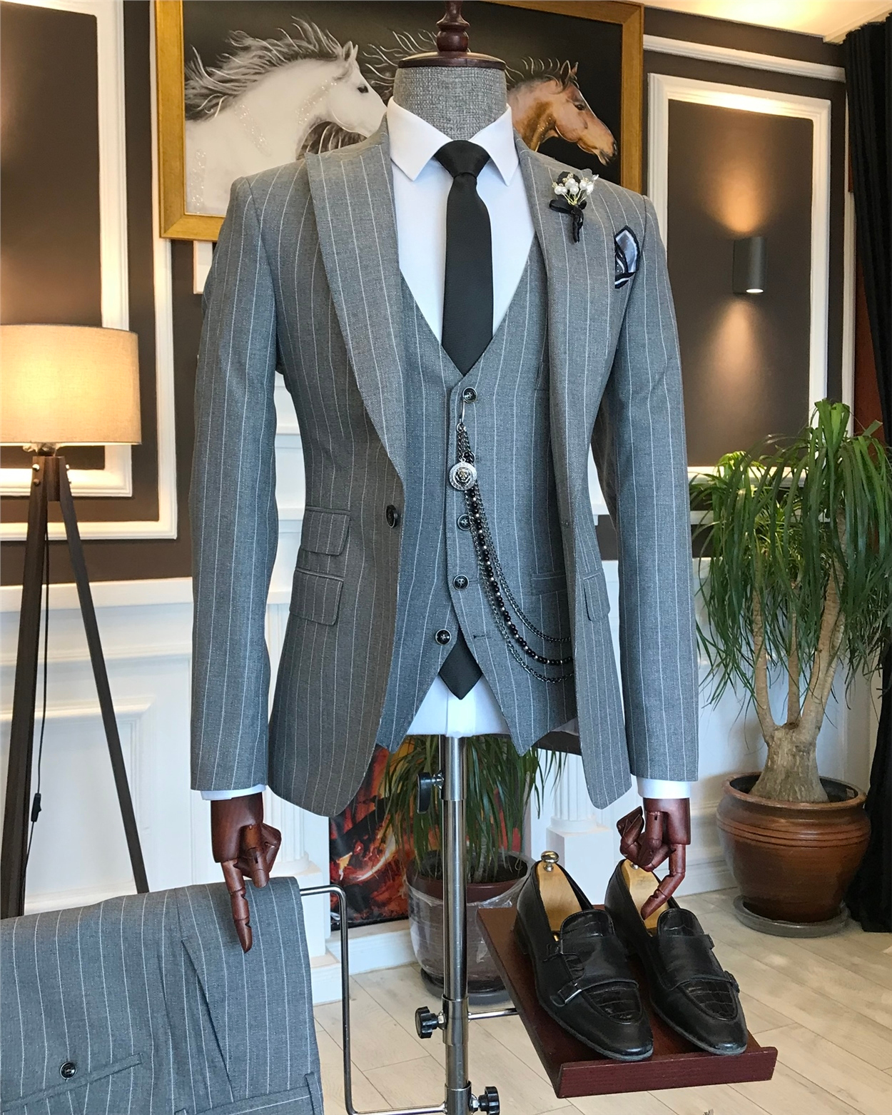 İtalyan stil slim ceket yelek pantolon takım elbise gri T6233 · 6
