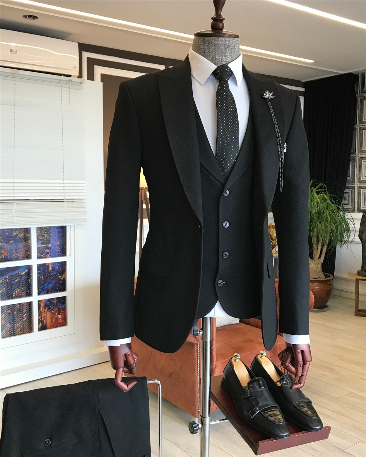 İtalyan stil slim ceket yelek pantolon takım elbise siyah T6122 · 4