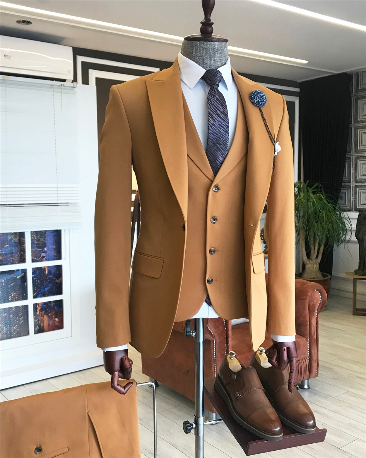 İtalyan stil slim ceket yelek pantolon takım elbise camel T6132 · 4