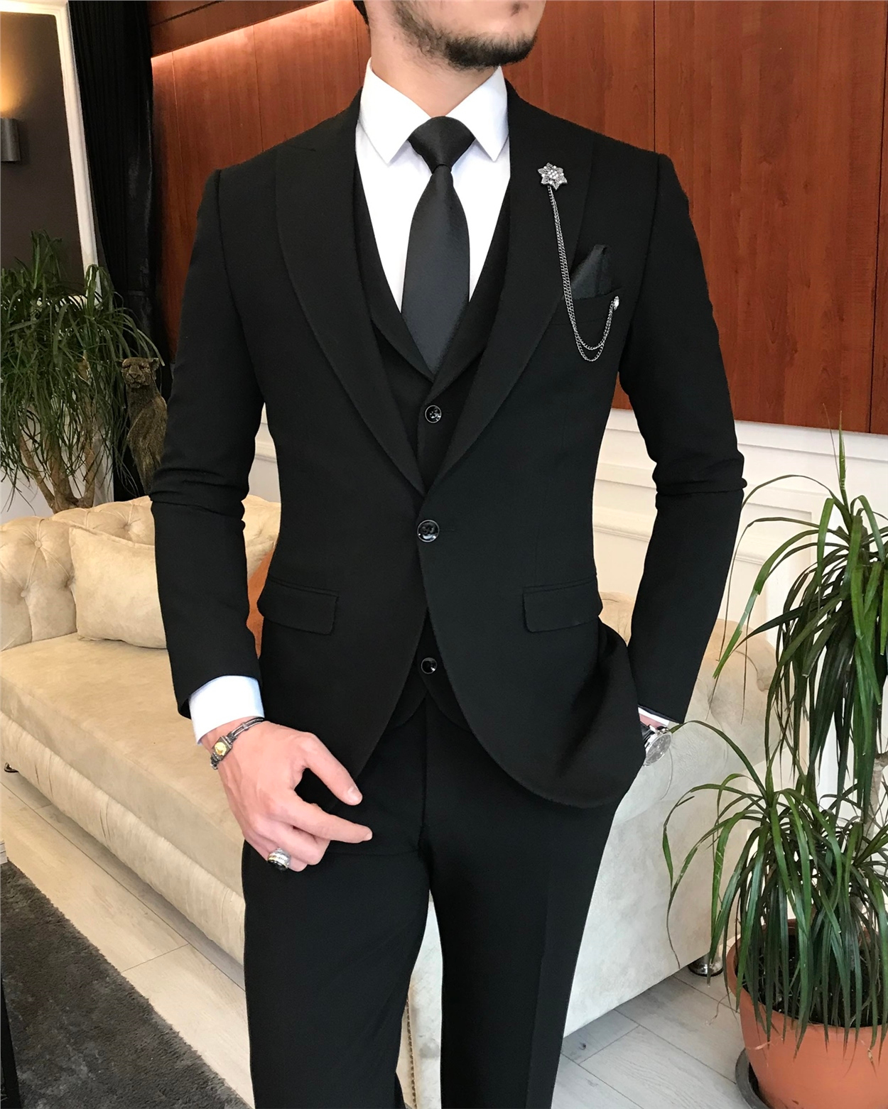 İtalyan stil slim ceket yelek pantolon takım elbise siyah T6121 · 8
