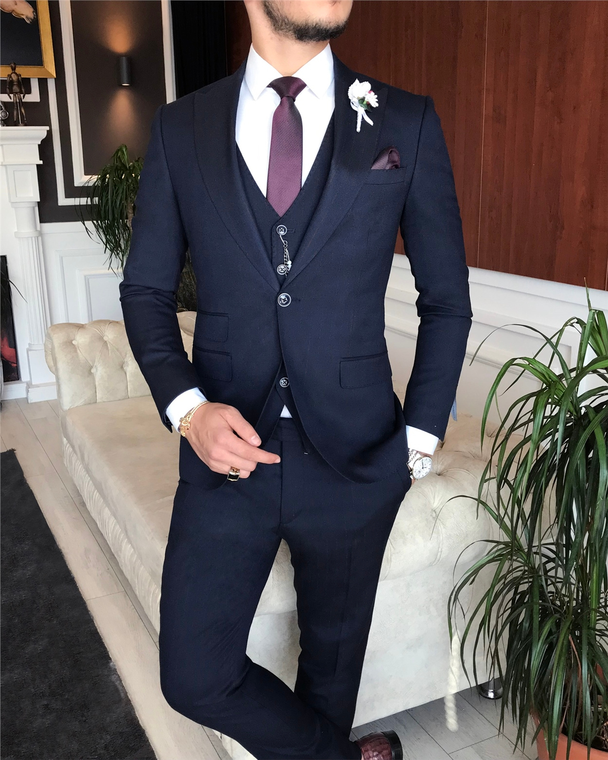 İtalyan stil slim çizgili ceket yelek pantolon takım elbise lacivert T6241 · 9