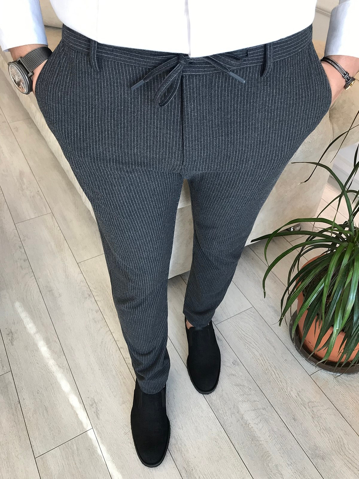 slim fit bağcıklı çizgili  pantalon Antrasit T6171 · 3