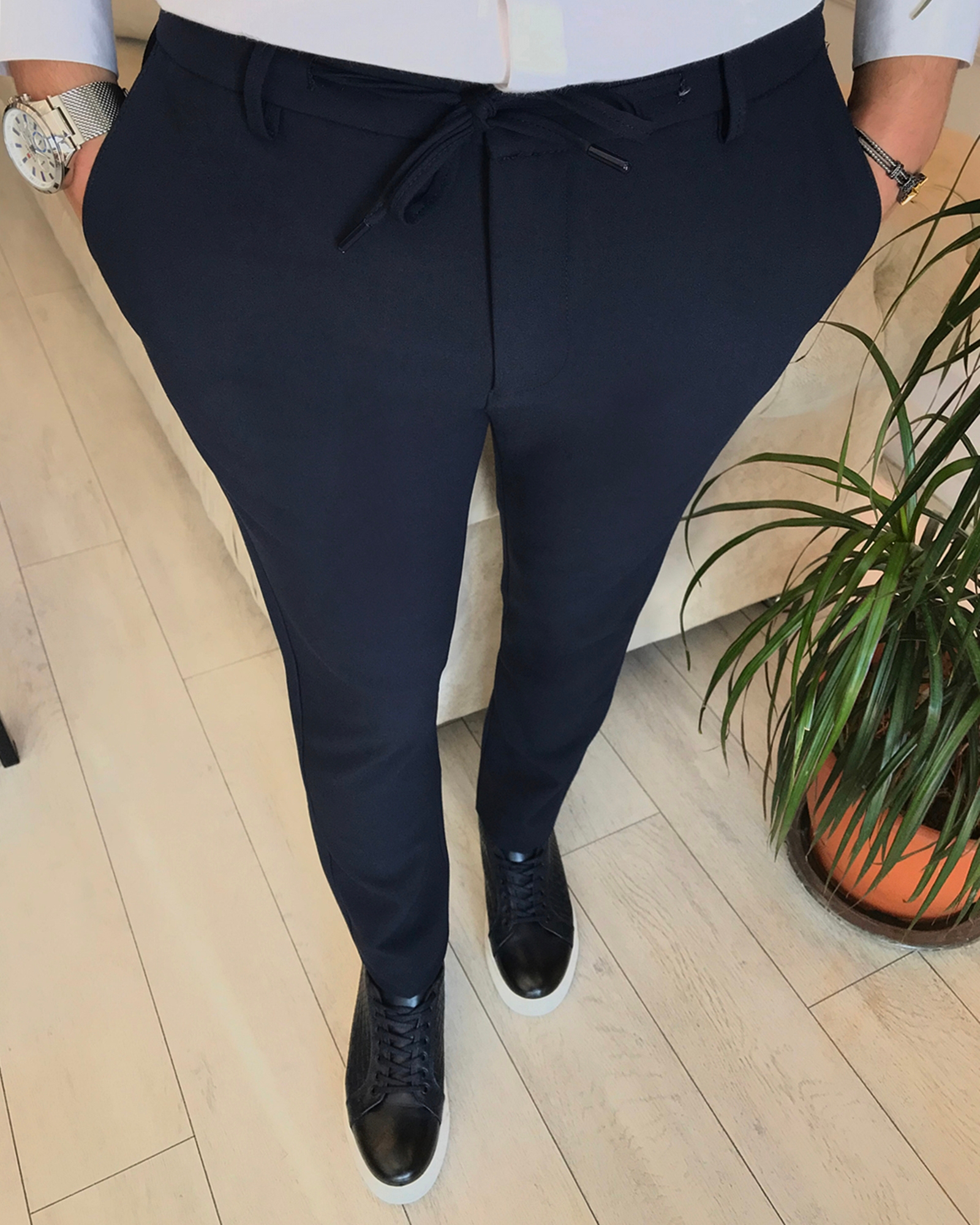 slim fit bağcıklı   pantalon Lacivert T6172 · 3