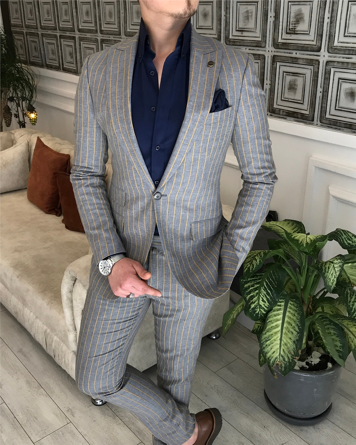 İtalyan stil slim fit çizgili ceket pantolon takım elbise Gri T5337 · 7