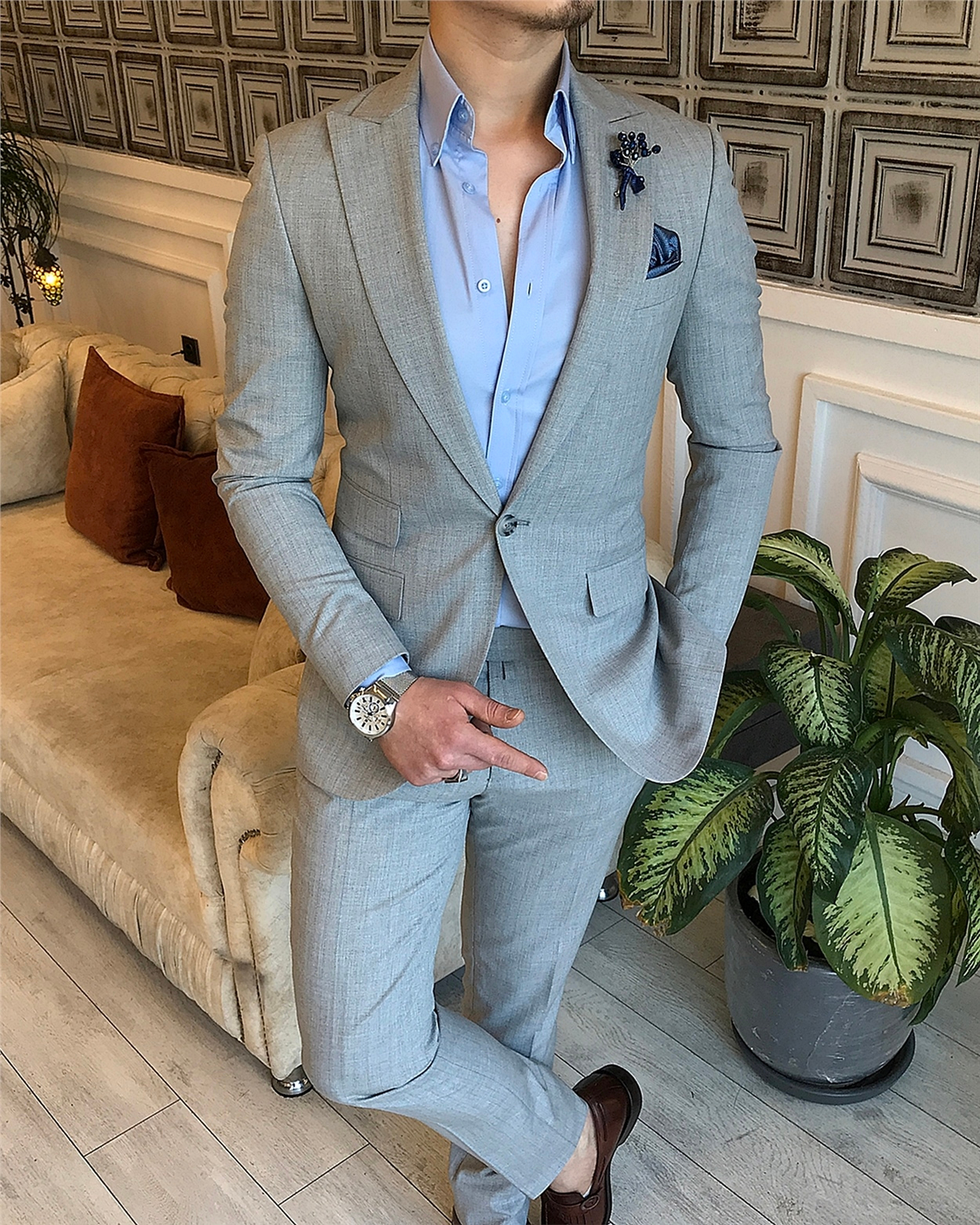 İtalyan stil slim fit çizgili ceket pantolon takım elbise Gri T5338 · 6