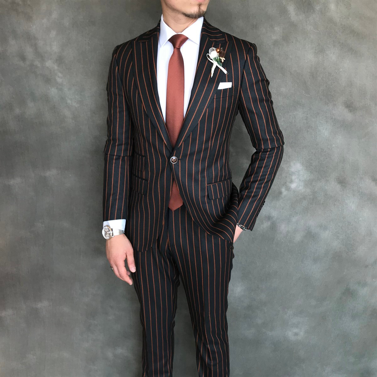 İtalyan stil slim fit erkek ceket pantolon takım elbise siyah T6087 · 10