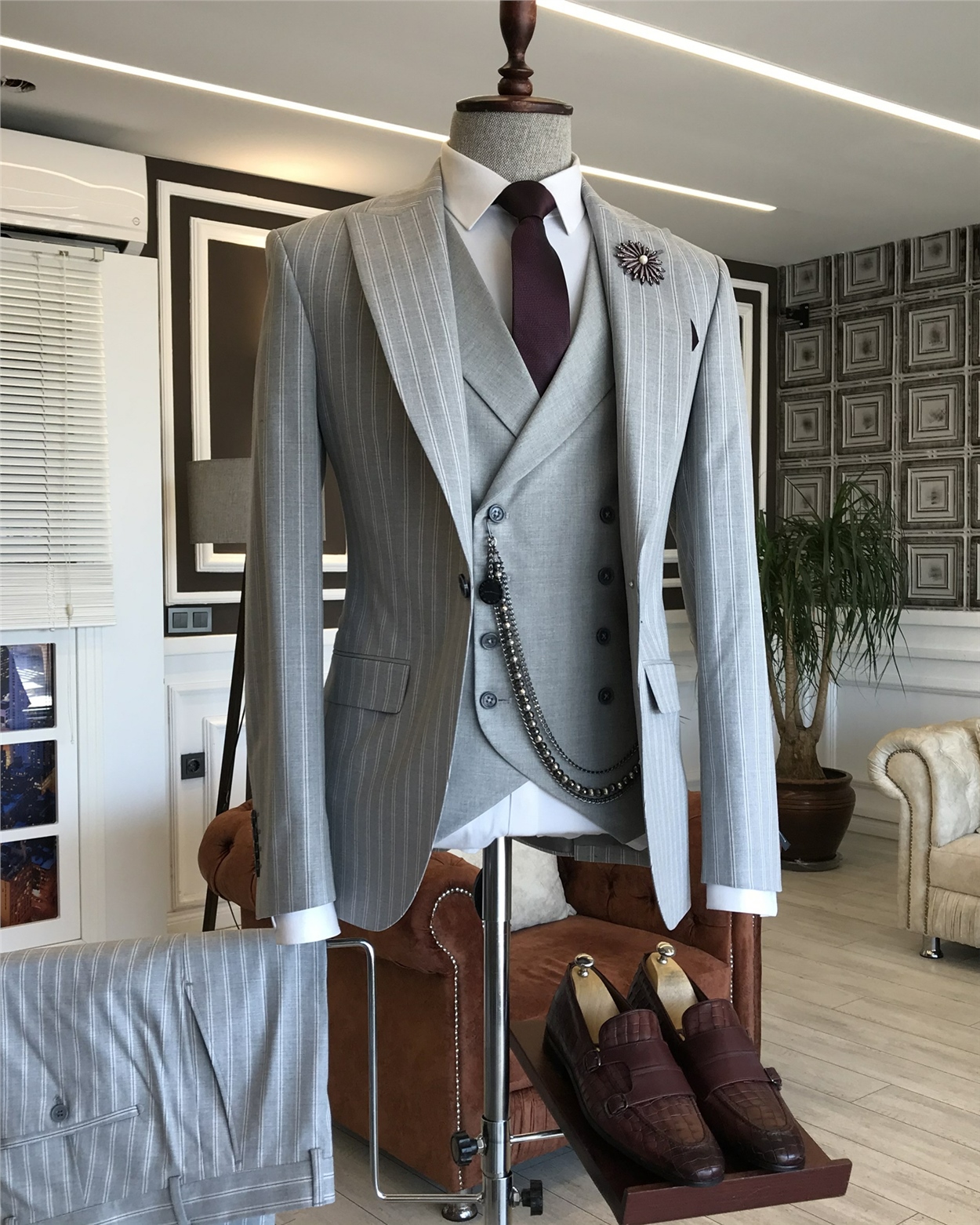 İtalyan stil slim fit erkek ceket yelek pantolon takım elbise gri T5939 · 6