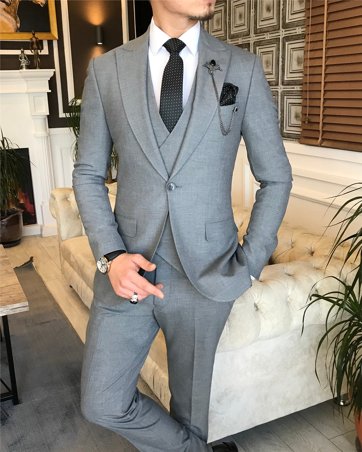 İtalyan stil slim fit erkek ceket yelek pantolon takım elbise Gri T5899 · 7