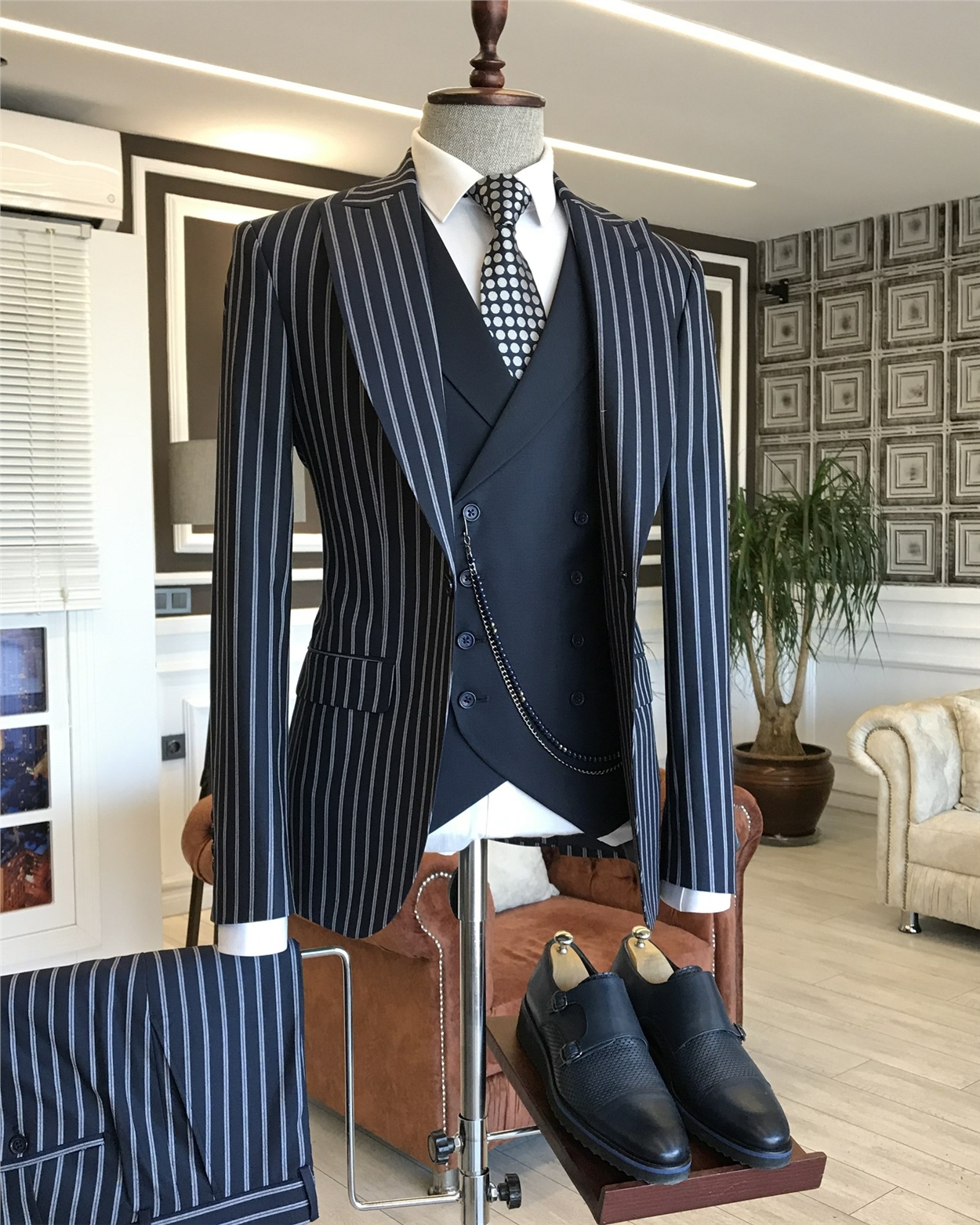 İtalyan stil slim fit erkek ceket yelek pantolon takım elbise lacivert T5937 · 7