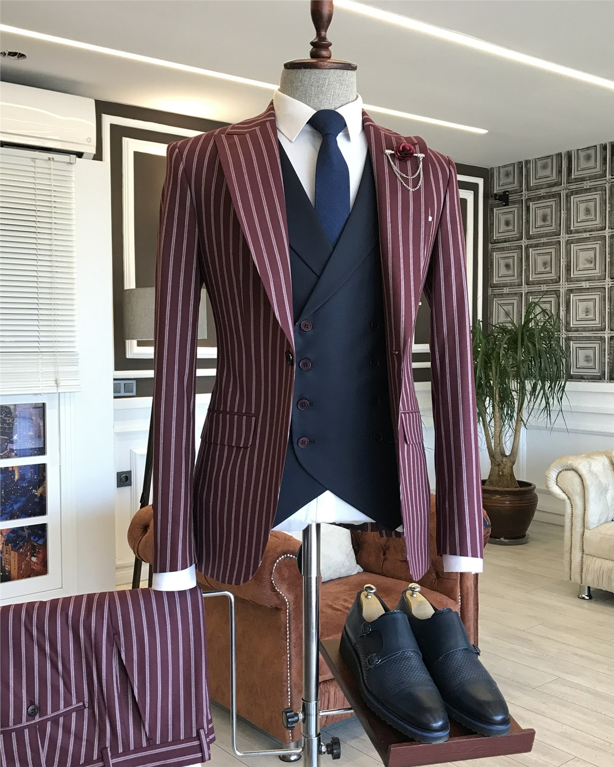 İtalyan stil slim fit erkek ceket yelek pantolon takım elbise bordo T5940 · 9