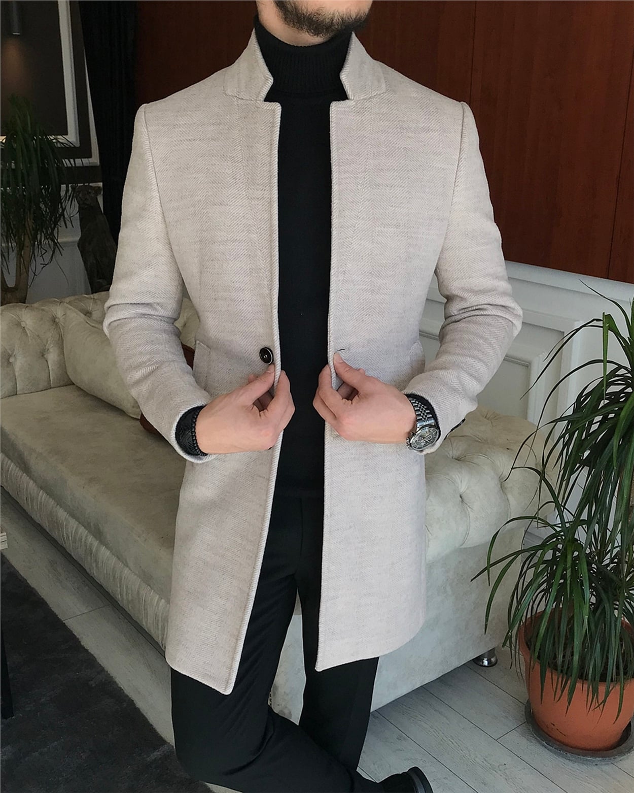 İtalyan stil slim fit erkek dik mono yaka yün kaşe kaban Bej T6524 · 7
