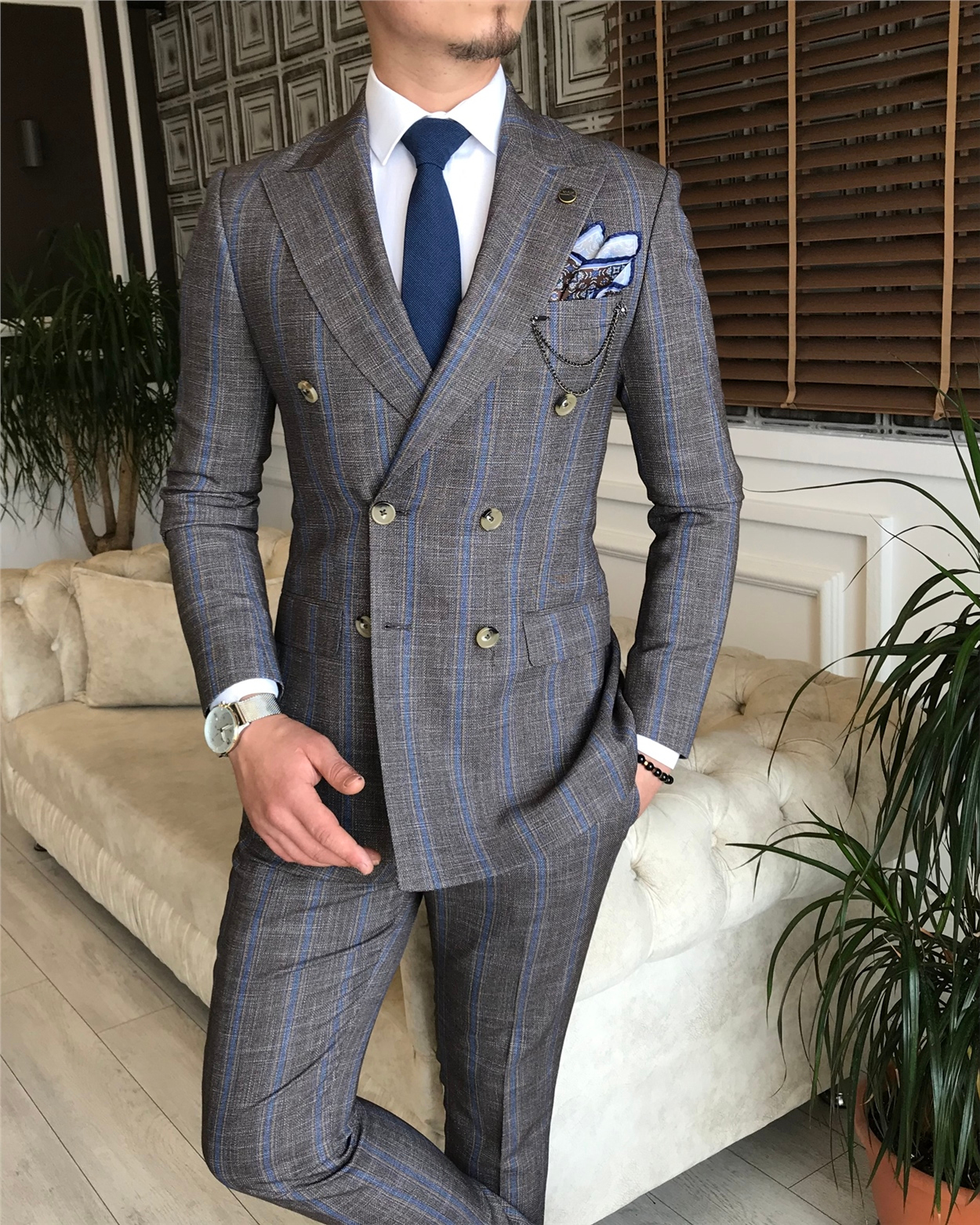İtalyan stil slim fit kruvaze ceket pantolon takım elbise kahverengi T6080 · 12
