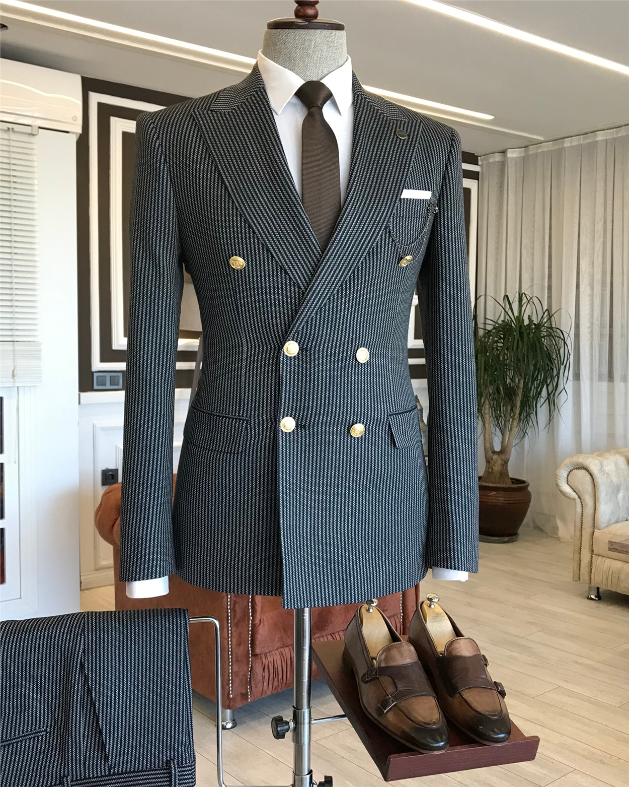 İtalyan stil slim fit kruvaze ceket pantolon takım elbise lacivert T6083 · 8