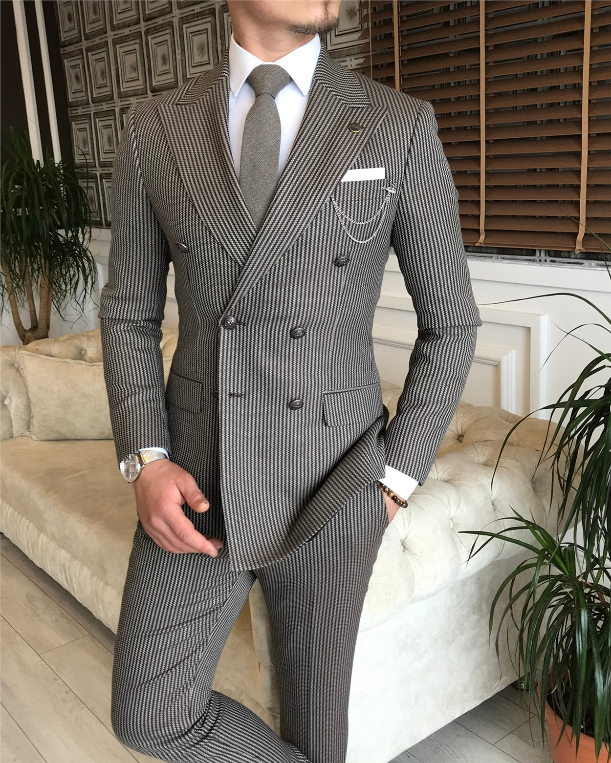 İtalyan stil slim fit kruvaze ceket pantolon takım elbise kahverengi T6085 · 9