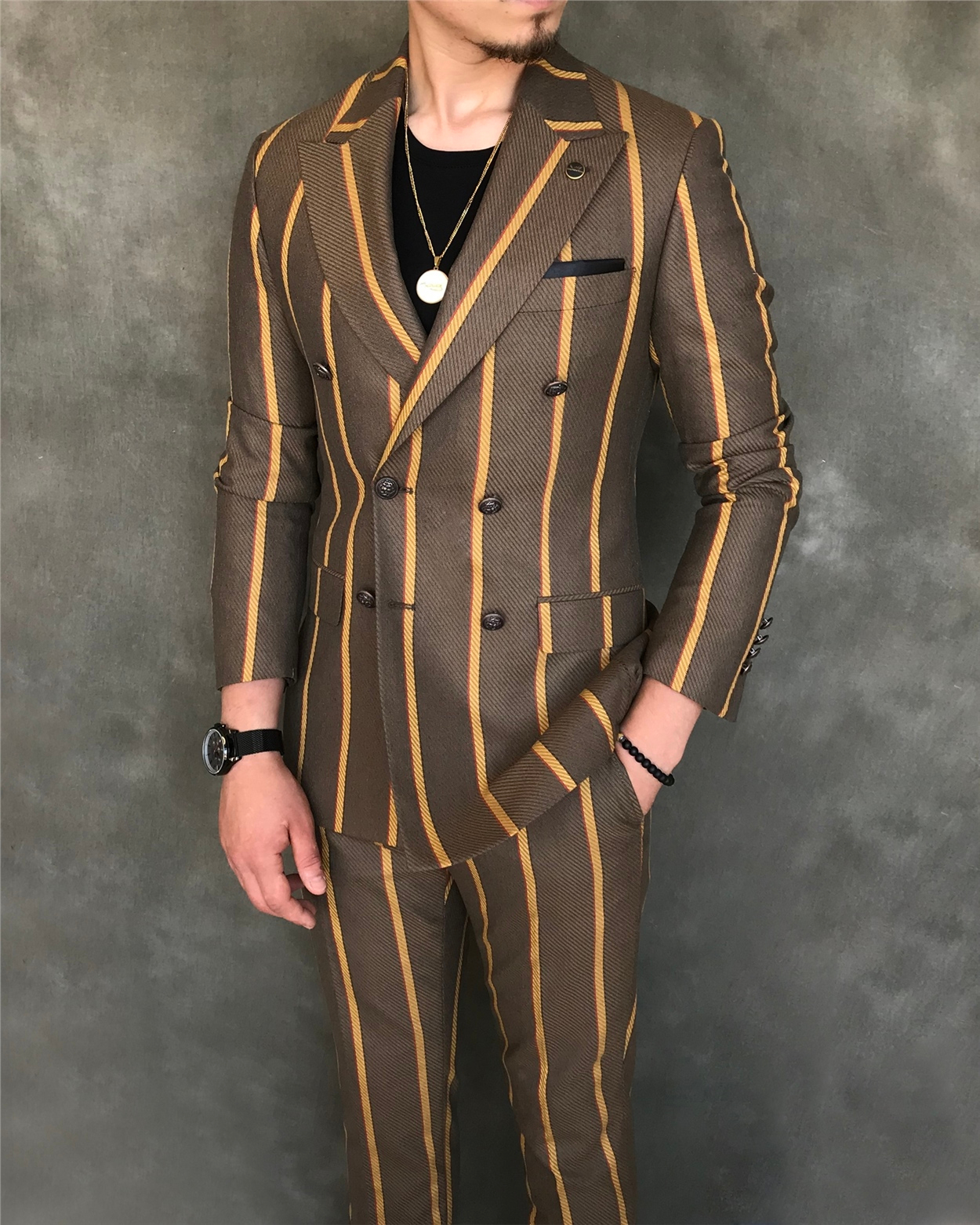 İtalyan stil slim fit kruvaze ceket pantolon takım elbise kahverengi T6071 · 13