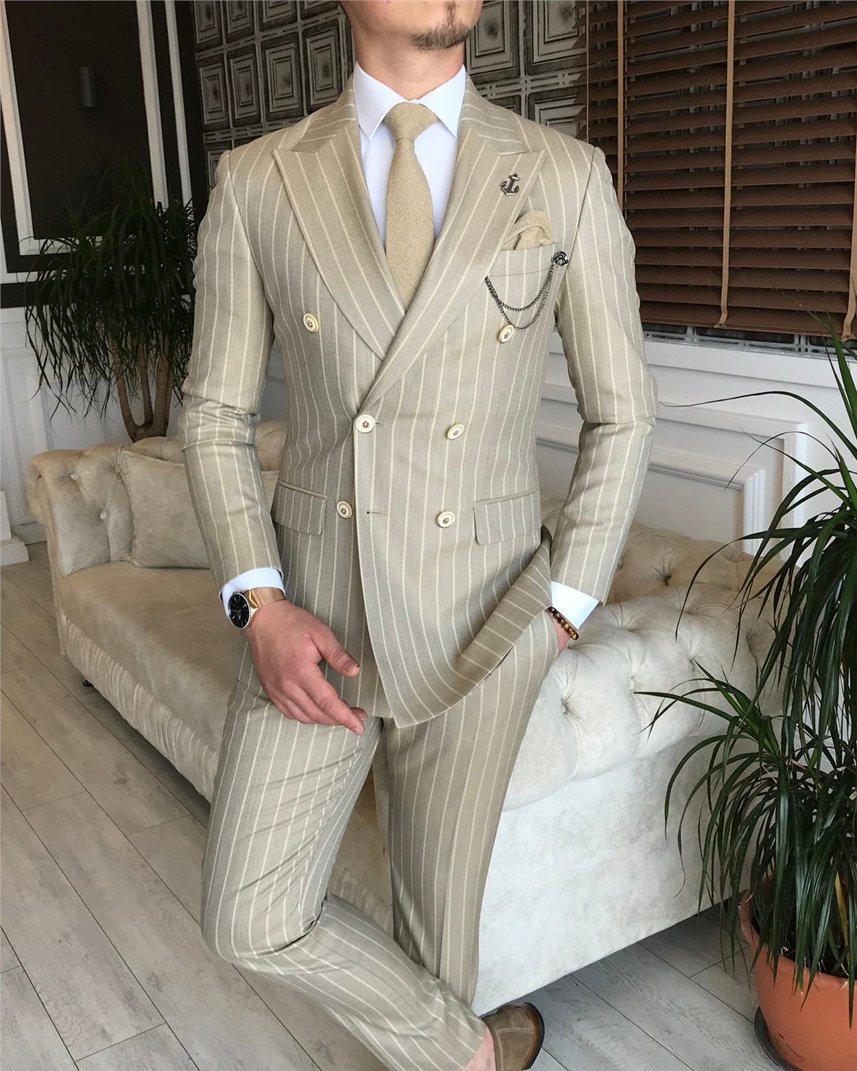 İtalyan stil slim fit kruvaze ceket pantolon takım elbise camel T6077 · 9