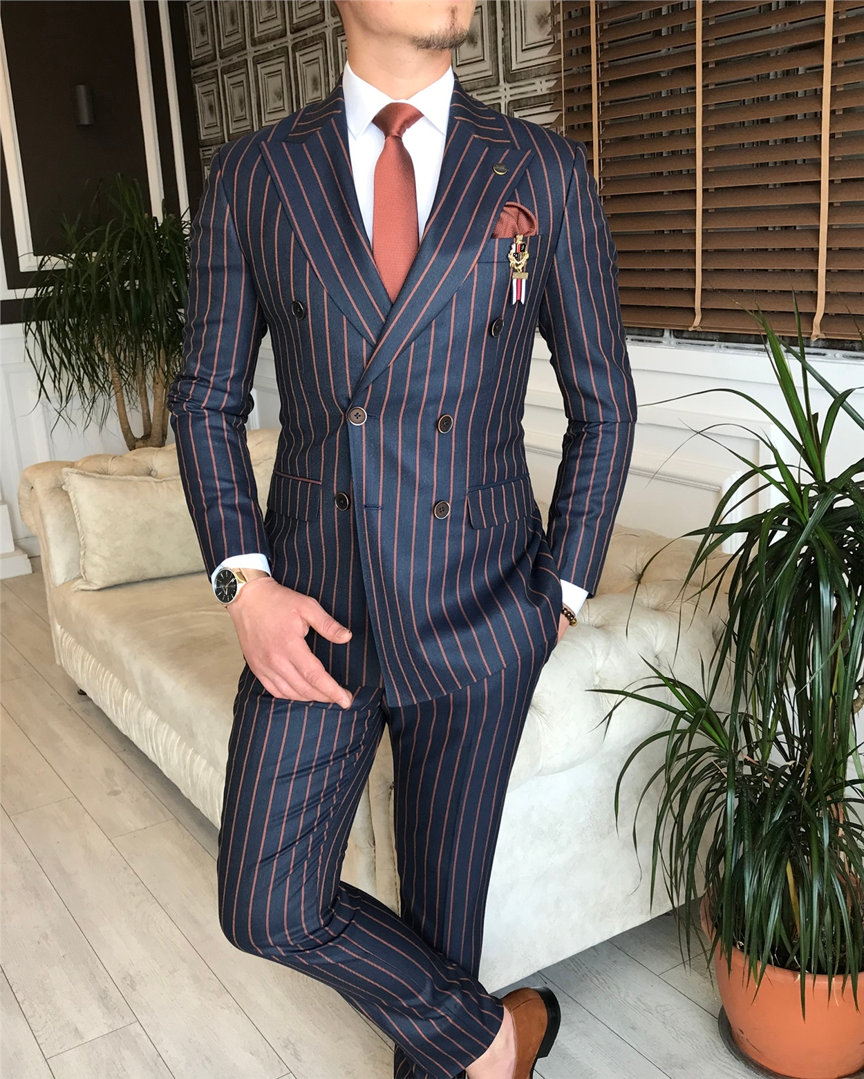 İtalyan stil slim fit kruvaze ceket pantolon takım elbise lacivert T6074 · 7