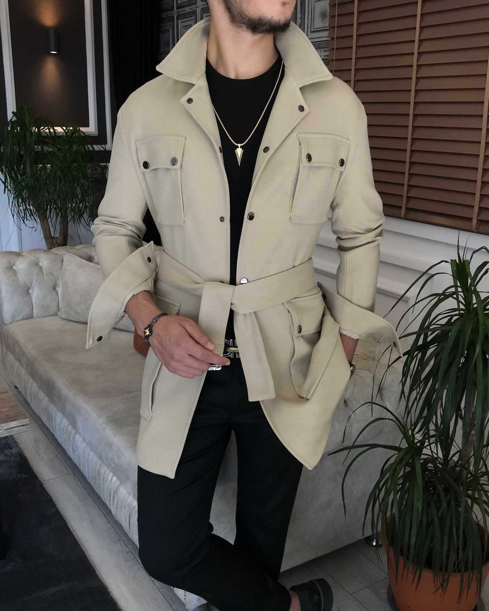 İtalyan stil slim fit mevsimlik erkek trençkot mont bej T6291 · 7