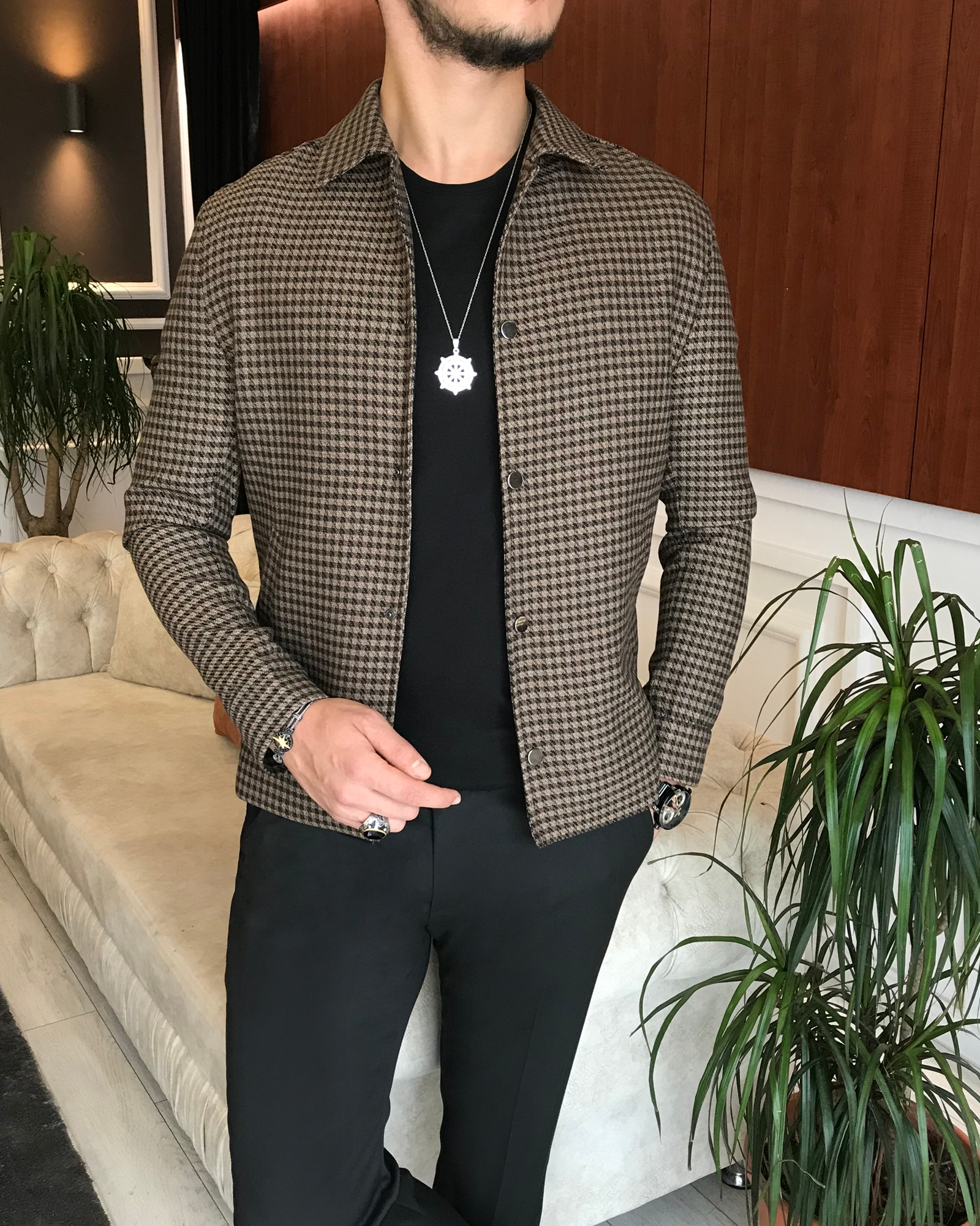 İtalyan stil slim fit mevsimlik erkek mont ceket kahverengi T6300 · 3