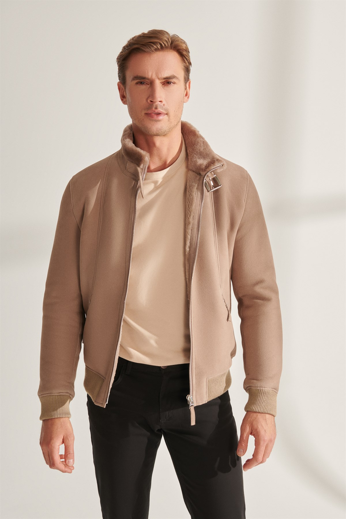 EDWARD Men's Stone Sports Shearling Leather Jacket | Men's Fur Leather  Jacket Models