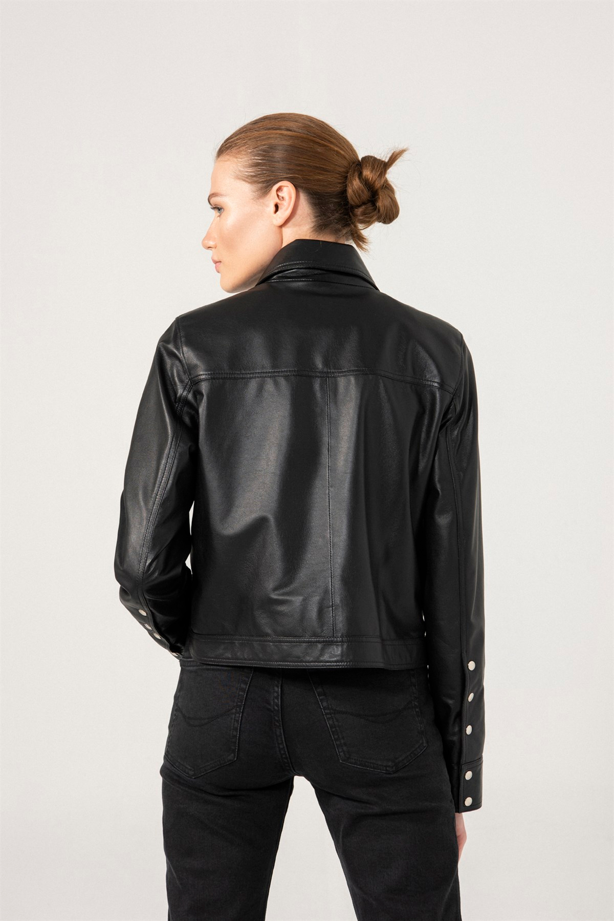 FIONA Women Black Leather Denim Jacket