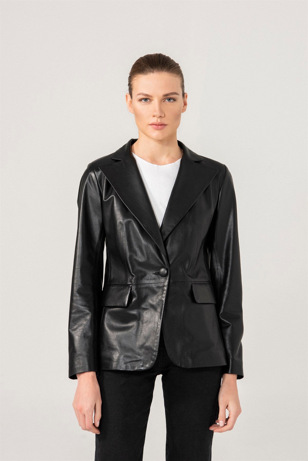 OLIVIA Tek Düğmeli Siyah Deri Blazer Ceket Kadın Deri Ceket Modelleri