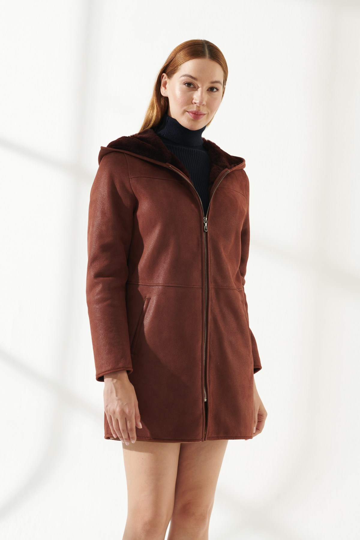 ELLA Women Casual Bordeaux Shearling Coat | Women's Leather & Shearling Coat