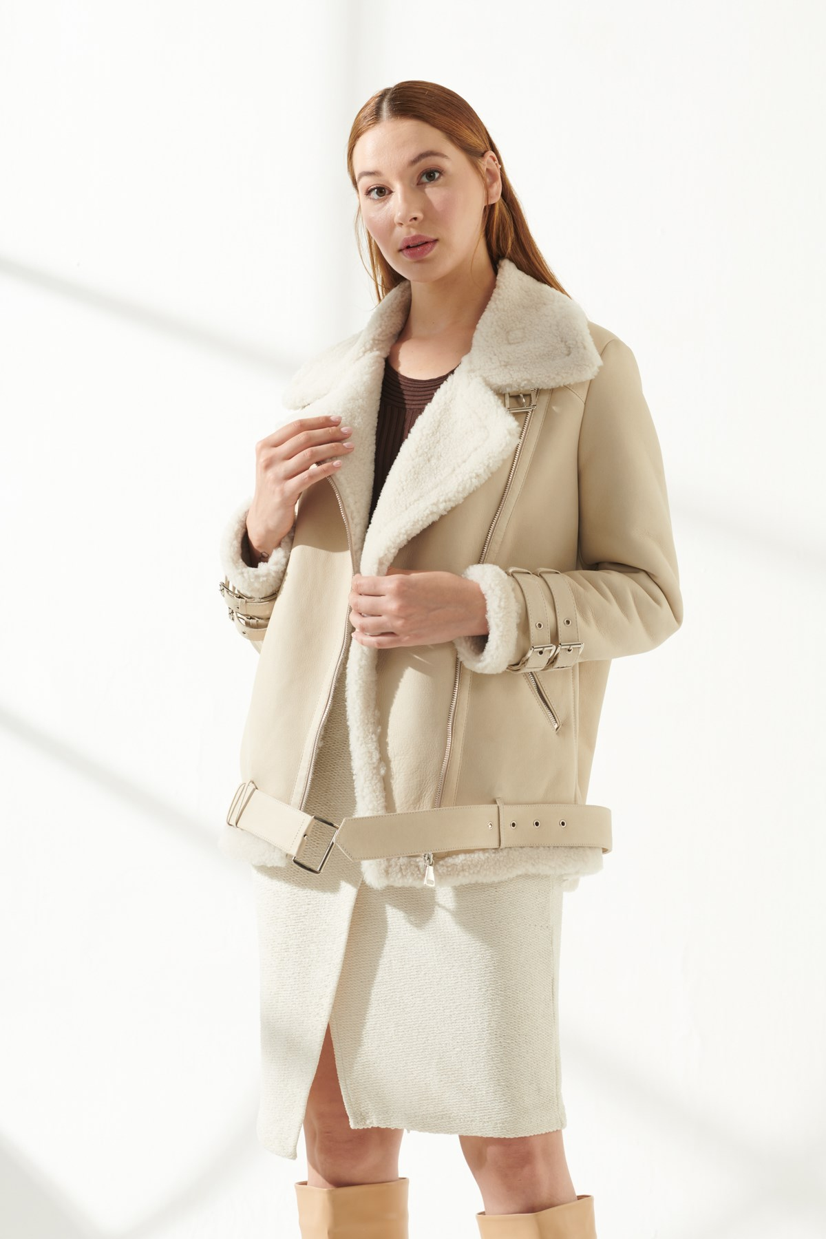 Beige shearling jacket womens Outlet