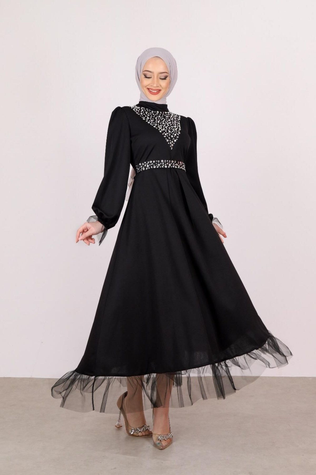Kemeri Taşlı Abiye Elbise Siyah – Haza Moda | Tesettür Giyim