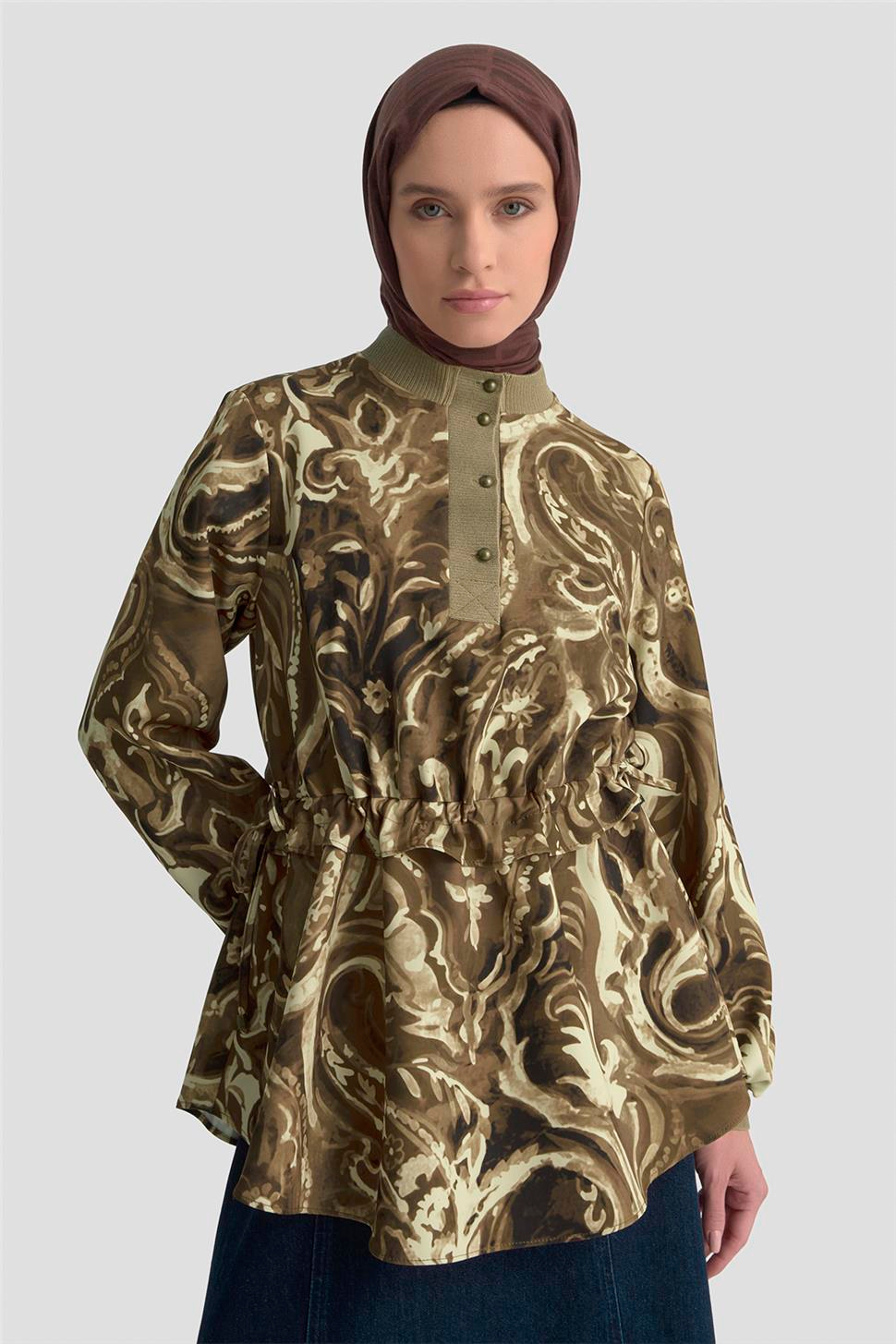 Armine Yakası Ve Kolu Triko Detaylı Bluz 25K3844 Camel | Armine