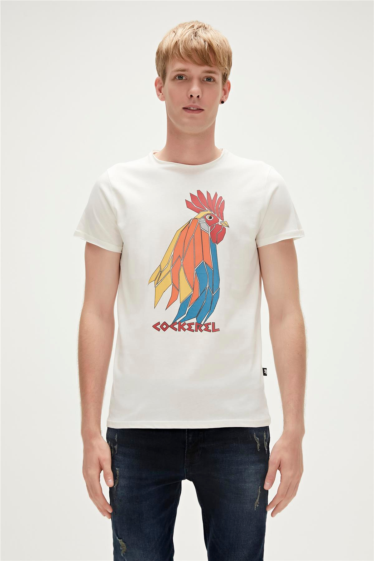Cockerel T-Shirt Beyaz Baskılı Erkek Tişört | BAD BEAR