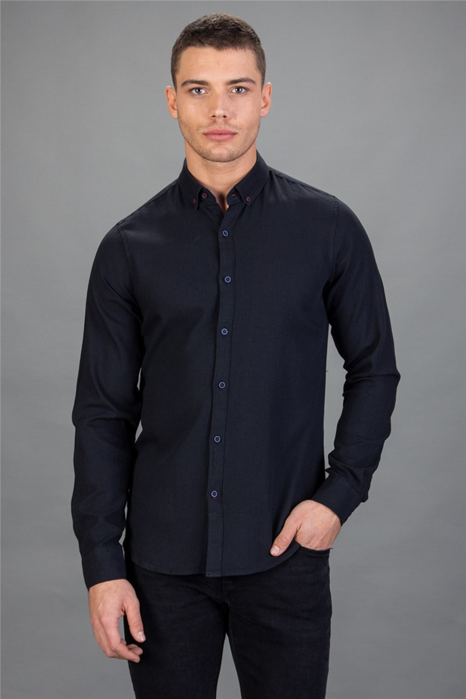 Slim Fit Uzun Kollu Dar Kesim Desenli Denim Kot Erkek Siyah Gömlek