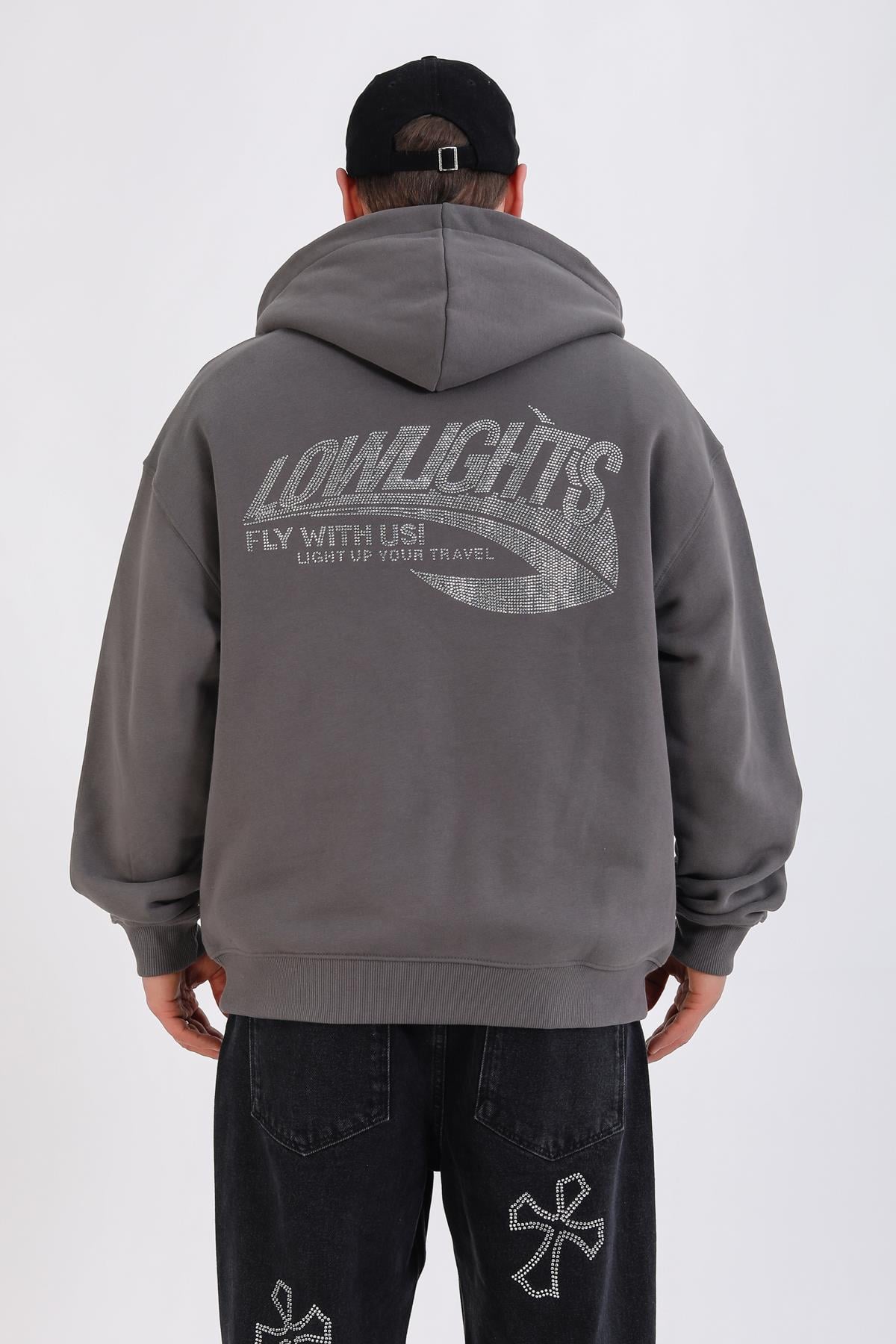LLS Taş Baskılı Antrasit Oversize Zipper Hoodie SW1380 - Jr.crime