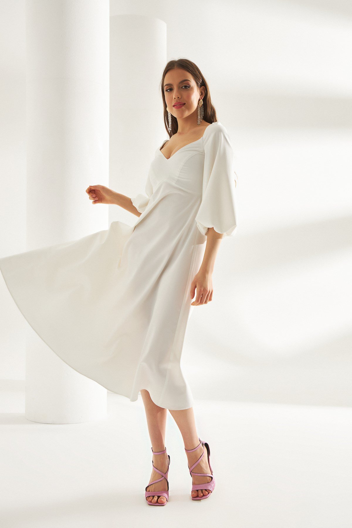 Lilium Elbise Beyaz - Balon kollu beyaz elbise | Elbise | Modalogy