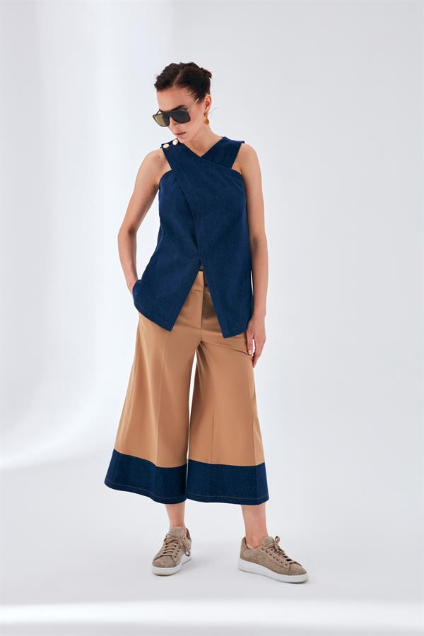 トップス APRON TOPS &BIG COLLAR DRAWSTRING BLOUSE cecil-bluz-denim-buyuk-beden-