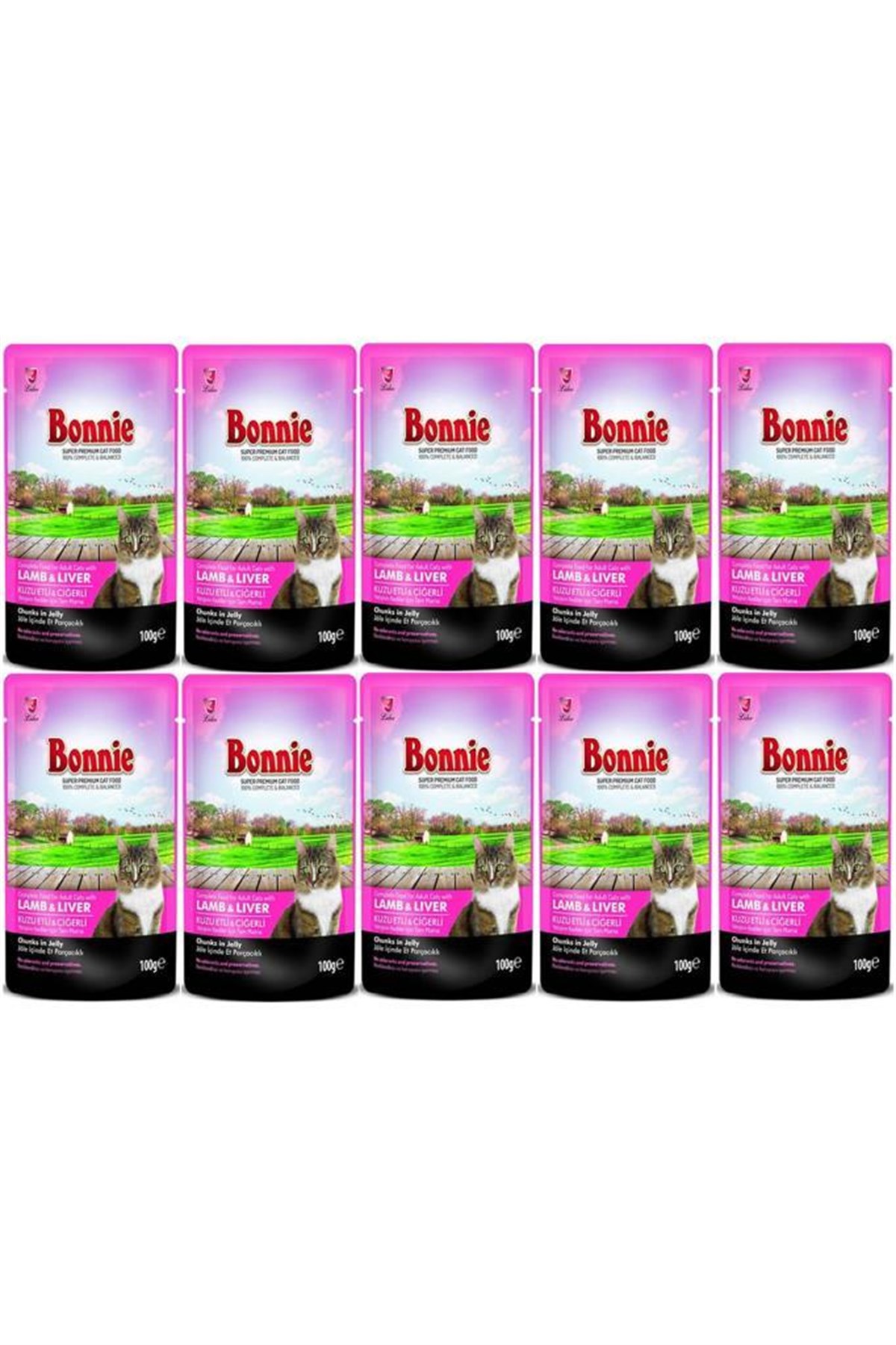 Bonnie Kuzu Etli Cigerli Pouch Jelly Kedi Konserve 100Gr. 10 Adet