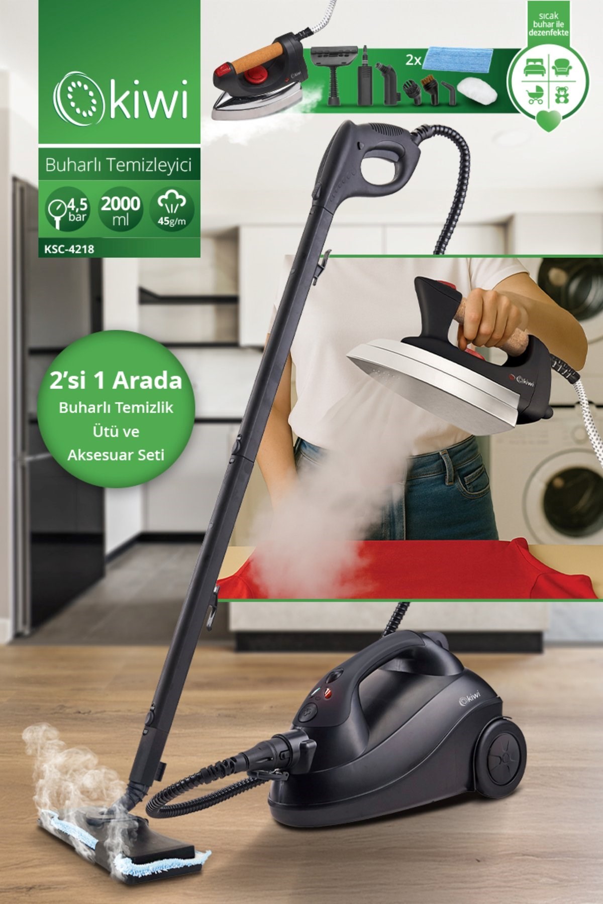 Kiwi KSC 4218 Kazanlı Ütüye Dönüşebilen Buharlı Temizlik Makinası 2000W ml,15 Aksesuar Siyah