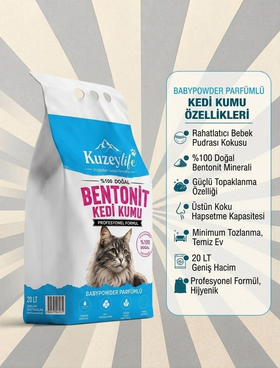 Kuzeylife Bentonit Kedi Kumu BabyPowder Parfümlü 20 Lt