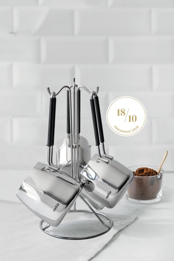 Nehir Modern 4 Parça Standlı Paslanmaz Çelik Cezve Seti