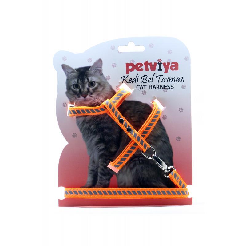 Petviya Reflektörlü ve Çizgi Şeritli Kedi Göğüs(Bel) Tasması Turuncu