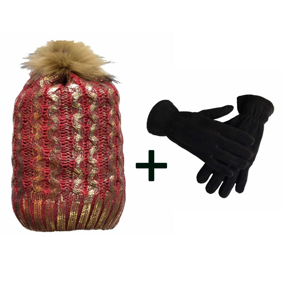 Ponponlu Kirmizi Kışlık Kadin Bere + Polar Eldiven