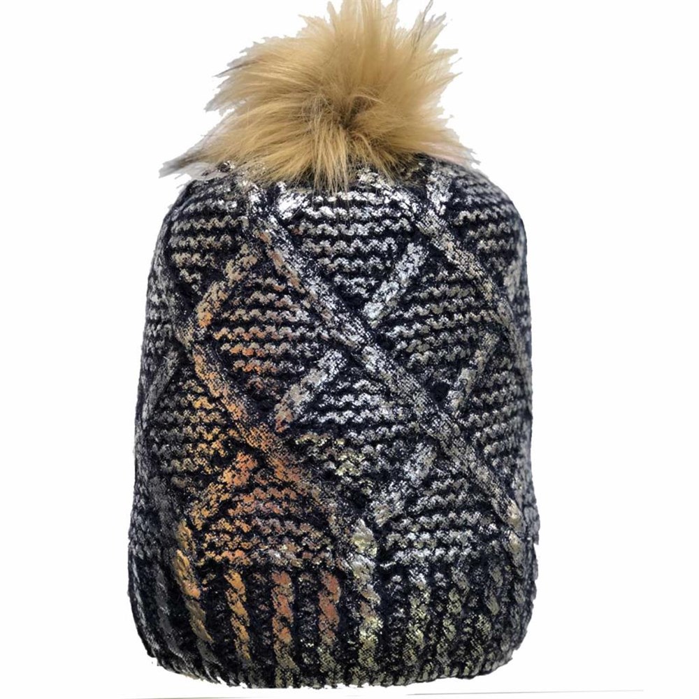 Ponponlu Parlak Kışlık Kadin Bere Lacivert-Lame Re