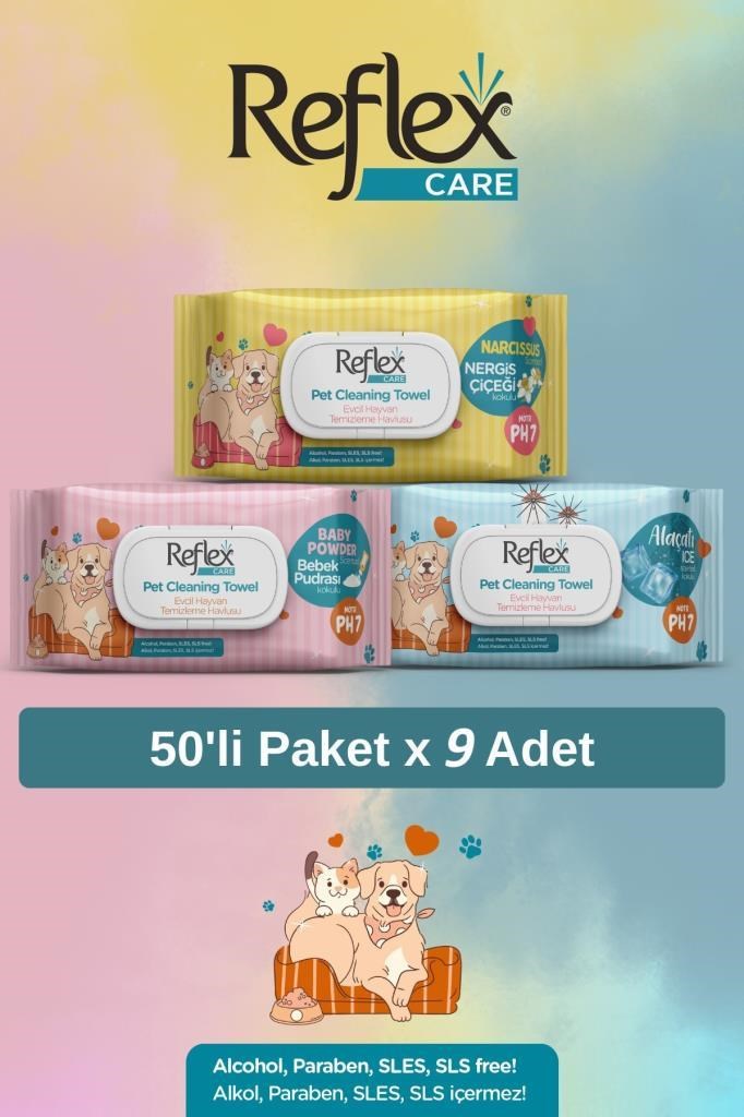 REFLEX Care Evcil Hayvanlar İçin Hijyenik Temizleme Mendili 9'lu Karışık Koku Seti Pudra, Nerg