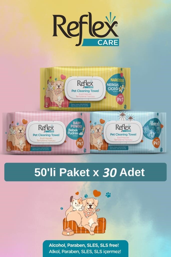 REFLEX Care Evcil Hayvanlar İçin Hijyenik Temizleme Mendili 30'lu Karışık Koku Seti Pudra, Nerg